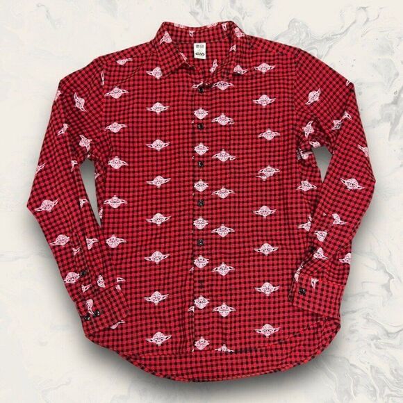 Star Wars Uniqlo Yoda Plaid Flannel Button Down Shirt Men’s Size Medium - Picture 1 of 5